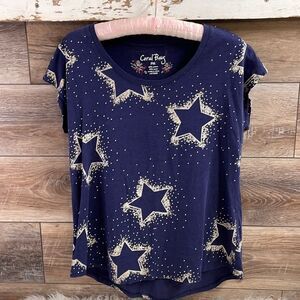 Coral Bay Ladies Top, Navy Blue with Gold and Silver Stars, Size Petite Medium